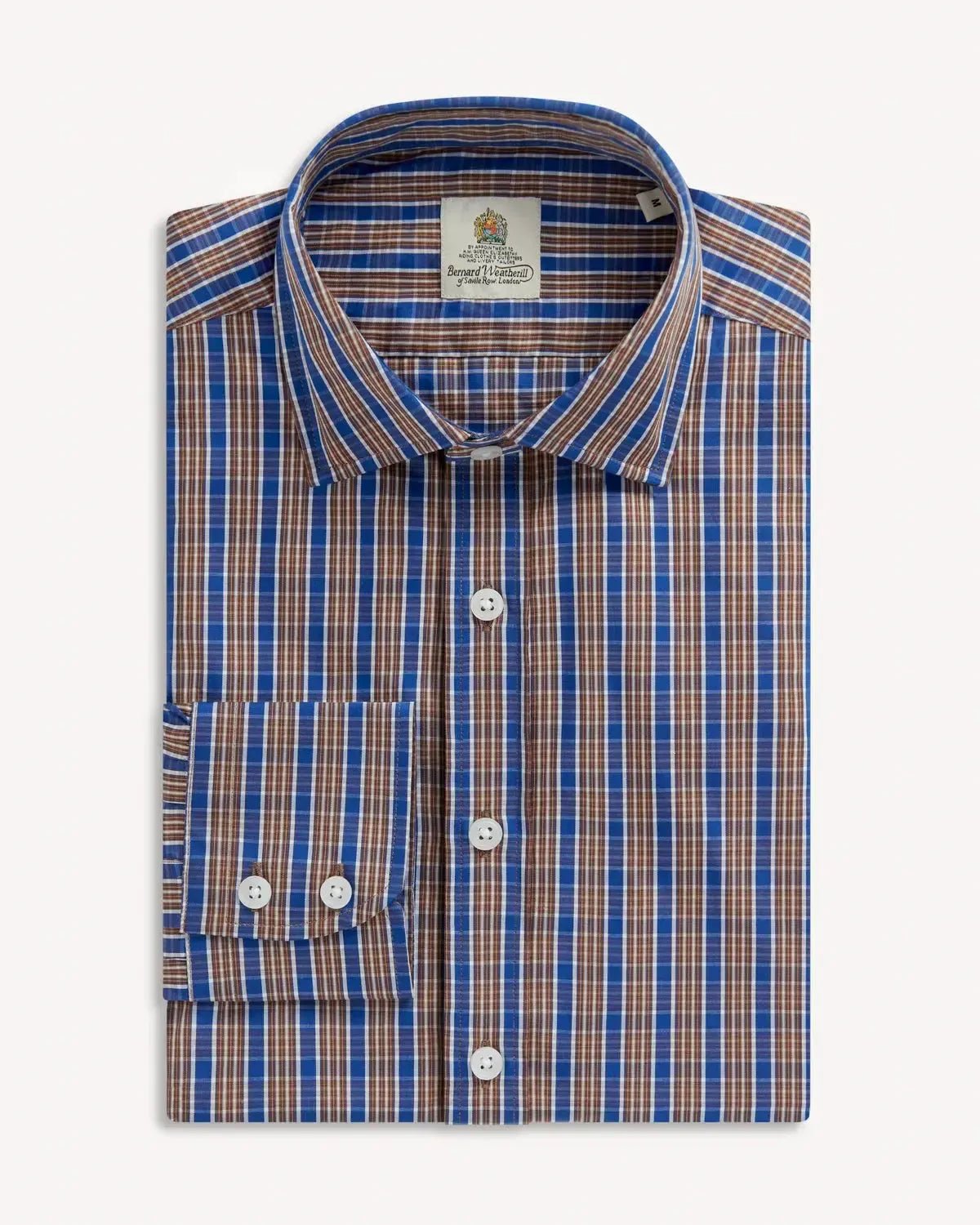 Bernard Weatherill Check Semi-Cutaway Poplin Shirt Blue Brown | Preamato Luxury