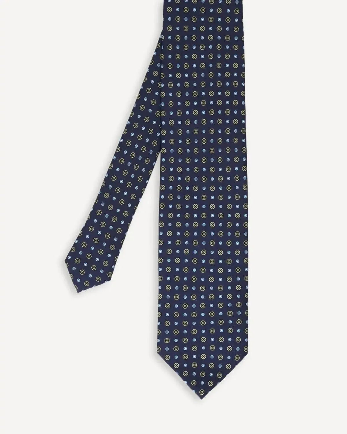 Drake's Geometric Circle Silk Tie Navy Sky Yellow | Preamato Luxury