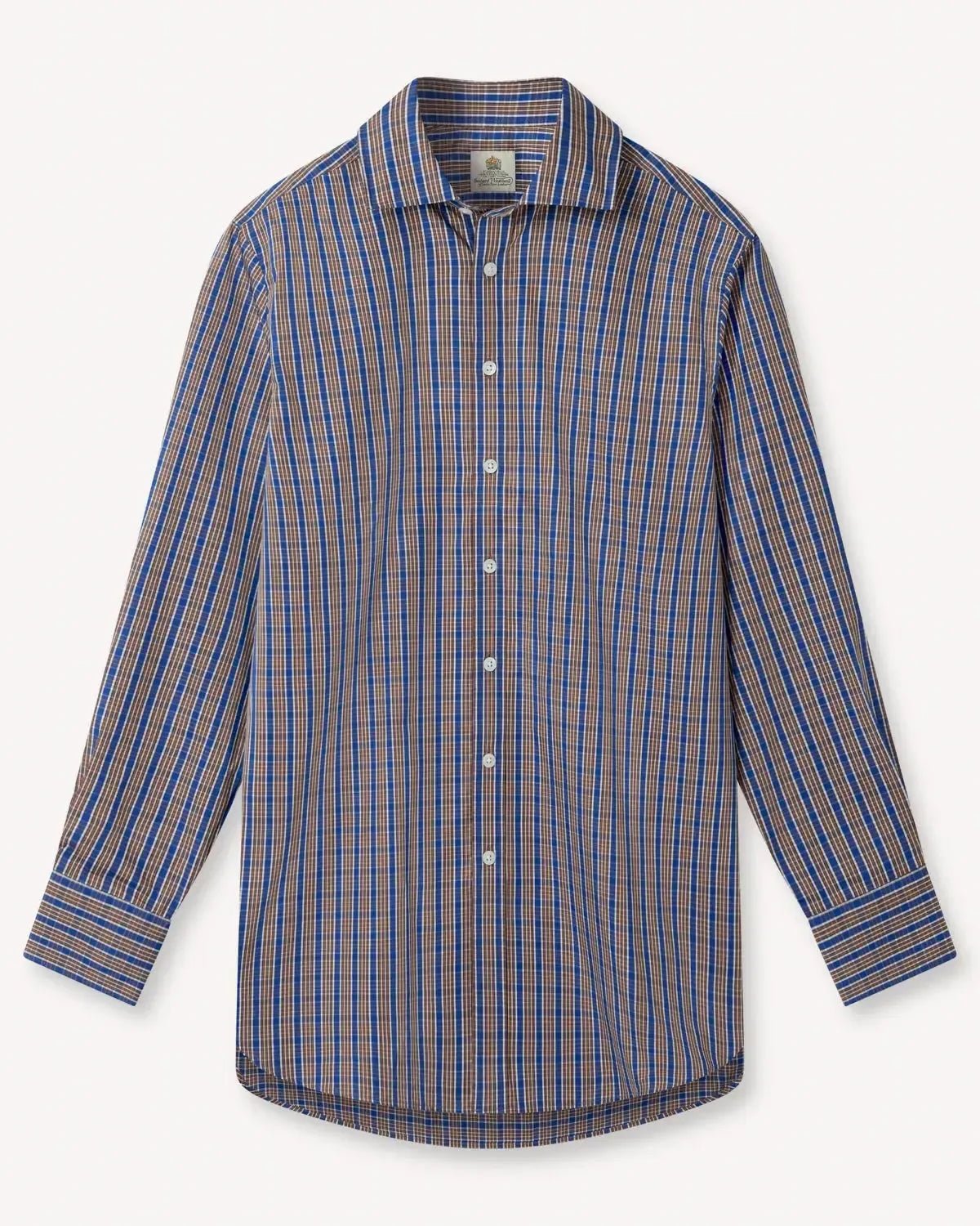 Bernard Weatherill Check Semi-Cutaway Poplin Shirt Blue Brown | Preamato Luxury