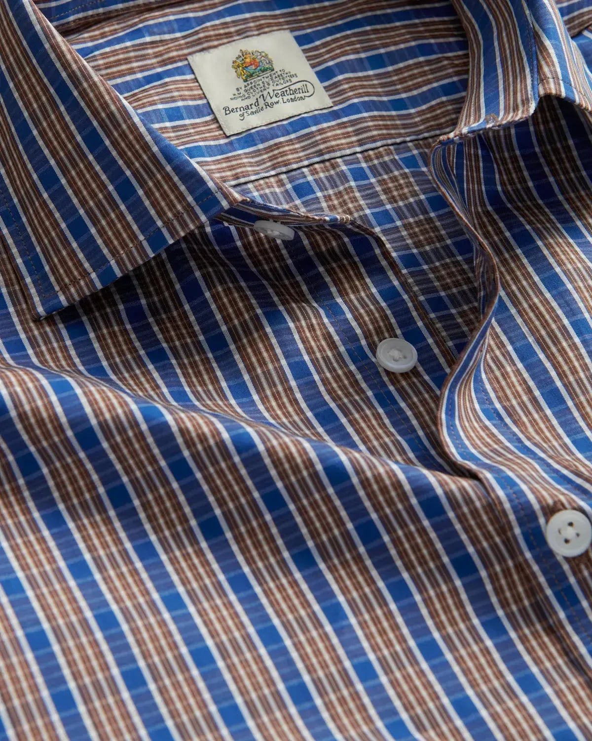 Bernard Weatherill Check Semi-Cutaway Poplin Shirt Blue Brown | Preamato Luxury