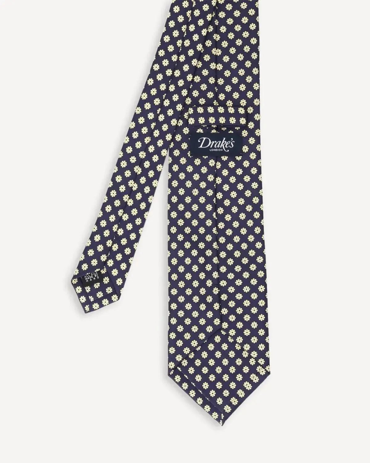 Drake's Floral Print Silk Tie Navy Yellow | Preamato Luxury