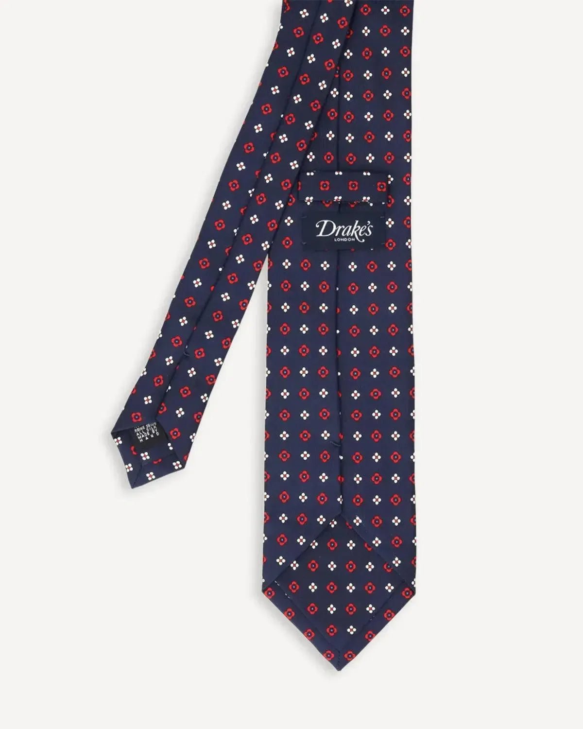 Drake's Geo Metric Floral Silk Tie Navy Red | Preamato Luxury