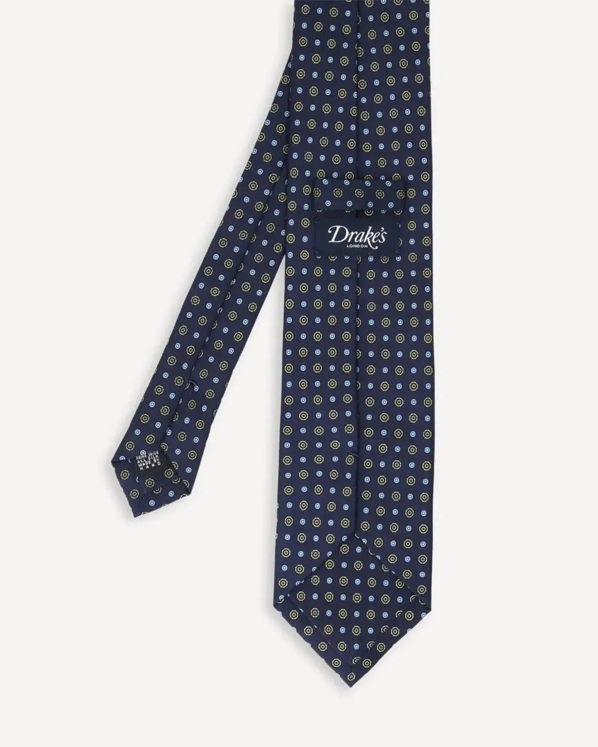 Drake's Geometric Circle Silk Tie Navy Sky Yellow | Preamato Luxury